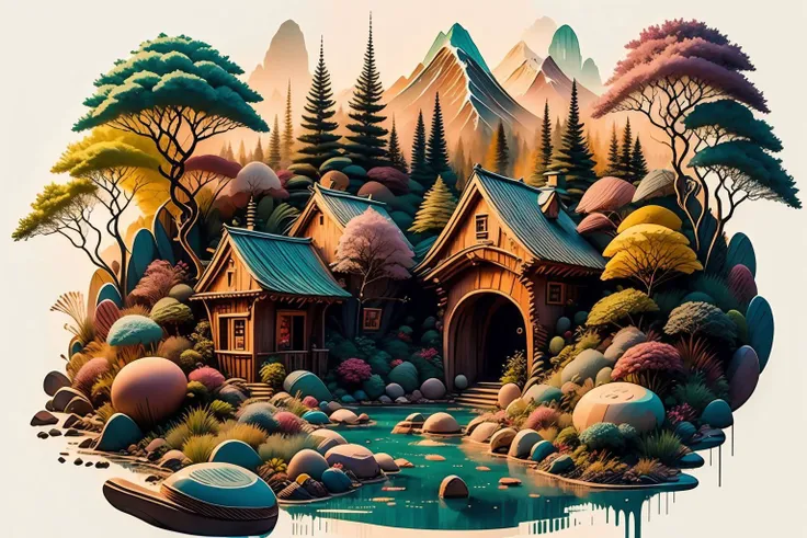 candyland, fantasy, house with trees,  illustration, full background, colorful, vivid, w00d candy mountains, syrup river  <lora:Candyland:0.8> <lyco:woodenLycoV2:0.8> <lora:ink-0.1-3-b28-bf16-D128-A1-1-ep64-768-DAdaptation-cosine:1>