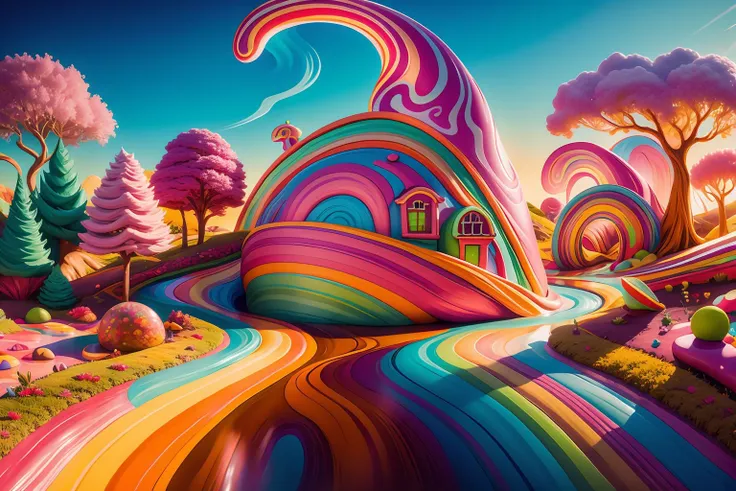 candyland, fantasy, house with trees, illustration, full background, colorful, vivid, w00d candy mountains, syrup river <lora:Candyland:1> <lyco:woodenLycoV2:0.7>