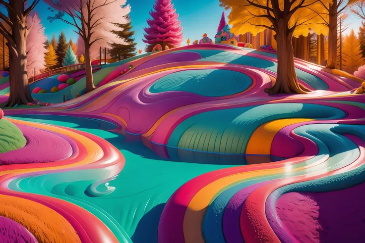 candyland, fantasy, house with trees,  illustration, full background, colorful, vivid, w00d candy mountains, syrup river  <lora:Candyland:1> <lyco:woodenLycoV2:0.7>