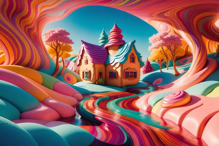 candyland, fantasy, house with trees, illustration, full background, colorful, vivid, w00d candy mountains, syrup river <lora:Candyland:1> <lyco:woodenLycoV2:0.7>