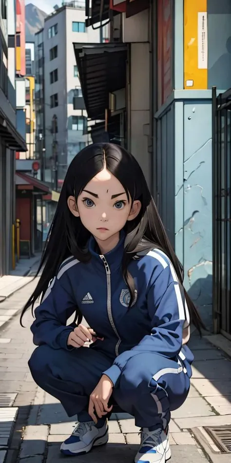 (masterpiece:1.2), ultra detailed, <lora:ChiriKitsu:0.82>, Chirikitsu, blue tracksuit, city alley, close, outside, persistent stare, mountains, best quality, looking at the viewer, squatting, facing the viewer, <lora:Adddetail:0.7>