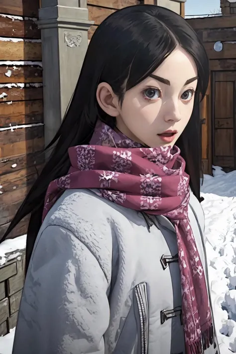 (masterpiece:1.2), ultra detailed, <lora:ChiriKitsu:0.85>, Chirikitsu, coat, open mouth, scarf, beautiful sunlight, winter, snow, closed mouth, medieval castle, close, outside, best quality, ultra detailed, absurdres,8K, (best illustration), (best shadow),looking at the viewer,<lora:Adddetail:0.6>