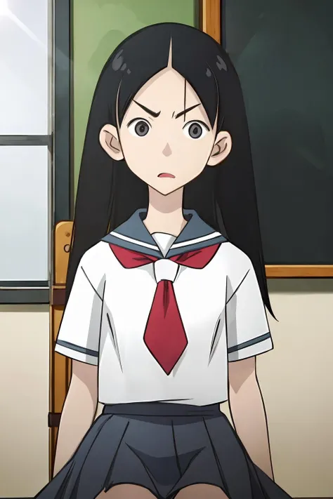 (masterpiece:1.2), ultra detailed, <lora:ChiriKitsu:0.75>, Chirikitsu, school uniform, small eyes, angry, chalkboard, chair, desk, sitting, windows, sunlight, best quality, <lora:Adddetail:0.6>