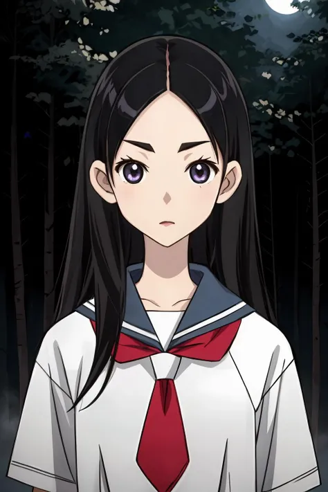 (masterpiece:1.2), ultra detailed, <lora:ChiriKitsu:0.65>, Chirikitsu, school uniform, shaded face, dark forest, fog, white school uniform, moonlight, night, best quality, looking at the viewer,, <lora:Adddetail:0.8>