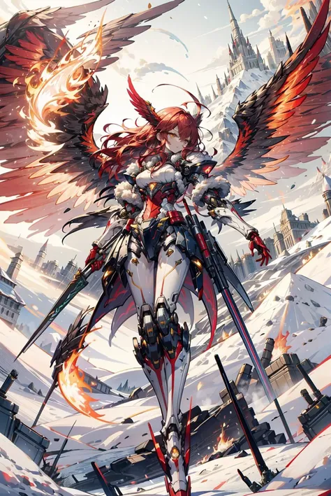 1girl, solo, red_theme, MECHA MUSUME, MECHANICAL PARTS, ROBOT JOINTS, red hair, long hair, flowing hair, ahoge :1.2, yellow eyes, medium breasts, red wings, mechanical wings, landing_wings, fire, flames, flying, outdoor, snow, winter, ice field, snowy mountain, <lora:landing_wings:0.9> <lora:AMechaSSS[color_theme,mecha musume, mechanical parts,robot joints,headgear]:1.5>