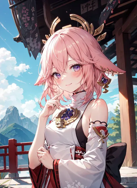 <lora:yaemiko1-000008:1>, yaemikodef, upper body, smile, blush, outdoors, day, simple background, blue sky, short hair, sky, temple, looking at viewer, stairs, mountain, moody lighting, facing viewer,