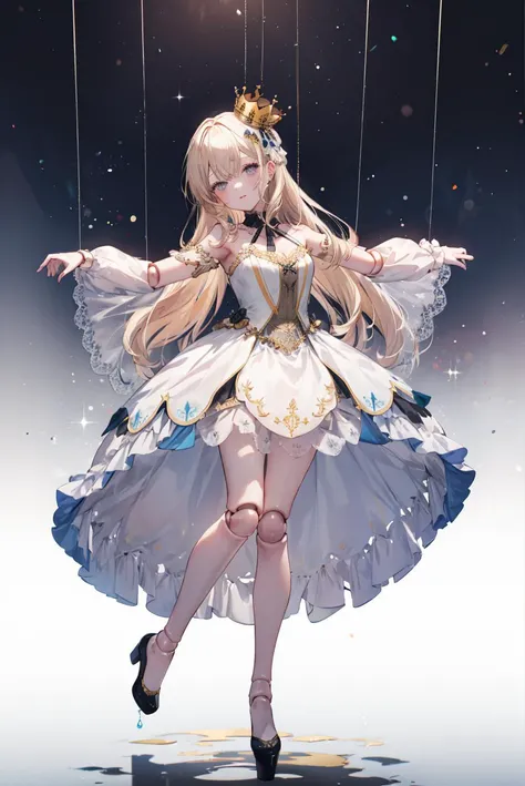 (masterpiece, best quality), 1girl, solo, doll joints, long hair, blonde hair, white gown, golden crown, gray eyes, <lora:doll_joints_v0.1:1> SUSPSTRING, suspension, full body, head tilt, outstretched arms, dancing <lyco:string-wasabiya:1.0>