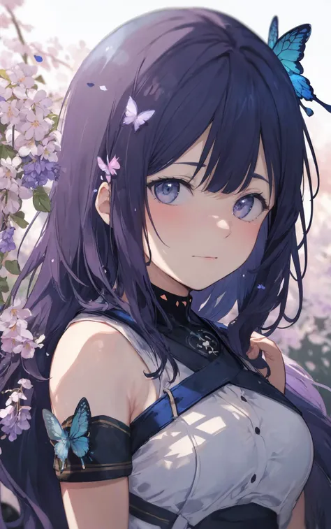 (dark shot:1.4), 80mm, illustration, cartoon, soothing tones, calm colors, (anime), (illustration), cartoon, detailed, masterpiece, best quality, absurdres, 1girl, bangs, bare shoulders, blue butterfly, blurry, blurry_background, blurry foreground, blush, branch, breasts, bug, butterfly, cherry blossoms, depth of field, falling leaves, falling petals, long hair, looking at viewer, motion blur, petals, purple hair, purple sky, purple theme, solo, spring_\(season\), wisteria <lyco:alp-04:1>, (intricate details:0.9), (hdr, hyperdetailed:1.2), art by greg rutkowski and artgerm, soft cinematic light, adobe lightroom, photolab, hdr, intricate, highly detailed, (depth of field:1.4), soft light, sharp, exposure blend, medium shot, bokeh, (hdr:1.4), high contrast, (cinematic, teal and orange:0.85), (muted colors, dim colors, soothing tones:1.3), low saturation, (hyperdetailed:1.2), (noir:0.4)
