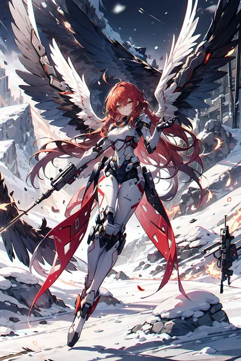1girl, solo, ROBOT phoenix, red theme, mecha musume, mechanical parts, robot joints, red hair, long hair, flowing hair, ahoge :1.2, yellow eyes, medium breasts, red wings, feathered wings, landing_wings, fire, flames, flying, outdoor, snow, winter, ice field, snowy mountain, <lora:landing_wings:0.9> <lyco:Robotaction:0.7>