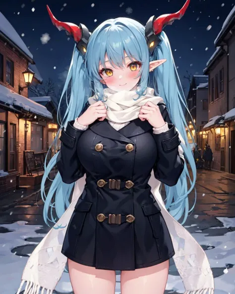 1girl,solo,
<lora:RegensburgSlingshotSwimsuitV1:0.85>,
blue hair, mechanical horns, dragon horns, yellow eyes, very long hair, twintails,elf,
huge breasts,
snowing,night, blush, steam, light smile, spoken heart, town, outdoors,standing,cowboy shot, winter clothes, winter coat, scarf, adjusting scarf,