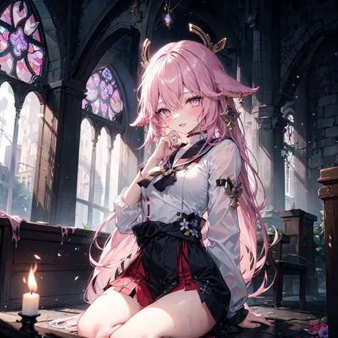 1 girl, ((sailor suit)), lustfull face, heaven light, <lora:yaemiko1:1>, yaemikornd, wet body, pink fog, lustfull pose, masterpiece, best quality, (forest), moonlight night, (lake in the background:1.1), stars on the sky, (church, ruins, gothic, dark style:1.1), shadow, indoor, candles, bad light, (round stained glass on the background), columns, look on the viewer, excited look, (violet glowing eyes:1.3), curvy