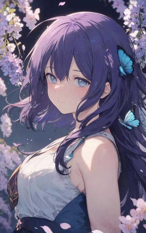 (dark shot:1.4), 80mm, illustration, cartoon, soothing tones, calm colors, (anime), (illustration), cartoon, detailed, masterpiece, best quality, absurdres, 1girl, bangs, bare shoulders, blue butterfly, blurry, blurry_background, blurry foreground, blush, branch, breasts, bug, butterfly, cherry blossoms, depth of field, falling leaves, falling petals, long hair, looking at viewer, motion blur, petals, purple hair, purple sky, purple theme, solo, spring_\(season\), wisteria <lyco:alp-04:1>, (intricate details:0.9), (hdr, hyperdetailed:1.2), art by greg rutkowski and artgerm, soft cinematic light, adobe lightroom, photolab, hdr, intricate, highly detailed, (depth of field:1.4), soft light, sharp, exposure blend, medium shot, bokeh, (hdr:1.4), high contrast, (cinematic, teal and orange:0.85), (muted colors, dim colors, soothing tones:1.3), low saturation, (hyperdetailed:1.2), (noir:0.4)