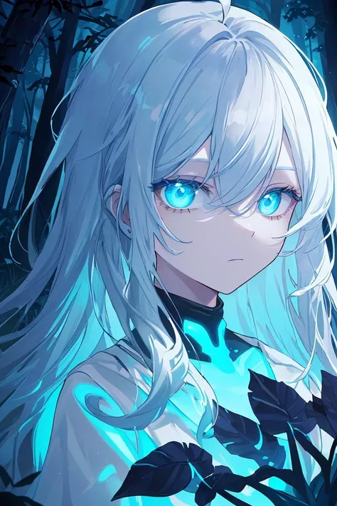 fantasy background, (illustration:1.0), masterpiece, best quality , (((bioluminescent lighting, blue light: 1.5 ,blue lighting: 1.5, blue tint: 1.5))) , detailed face and eyes, 1 girl, glow in the dark eyes, glow in the dark hair: 1.5, detailed background , (wandering in a lush bioluminescent glow in the dark forest), (blue grass, blue leaves), forest, glow in the dark forest: 1.5, (bioluminescent forest: 1.5. bioluminescent environment: 1.5), florescent mushrooms, florescent environment, ((glowing mushrooms, glowing trees, glowing grass, glowing vegetation)), (((bioluminescence: 1.5))), (((glowing particles in the air: 1.5, light particles : 1.5,))),((night: 1.5)), cowboy shot, very long hair, white hair, ahoge, blue eyes, emotionless, cold attitude, half-closed eyes