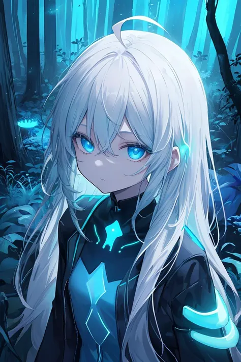 fantasy background, (illustration:1.0), masterpiece, best quality , (((bioluminescent lighting, blue light: 1.5 ,blue lighting: 1.5, blue tint: 1.5))) , detailed face and eyes, 1 girl, glow in the dark eyes, glow in the dark hair: 1.5, detailed background , (wandering in a lush bioluminescent glow in the dark forest), (blue grass, blue leaves), forest, glow in the dark forest: 1.5, (bioluminescent forest: 1.5. bioluminescent environment: 1.5), florescent environment, ((glowing trees, glowing grass, glowing vegetation)), (((bioluminescence: 1.5))), (((glowing particles in the air: 1.5, light particles : 1.5,))),((night: 1.5)), cowboy shot, very long hair, white hair, ahoge, blue eyes, emotionless, cold attitude, half-closed eyes, flat chest, from above