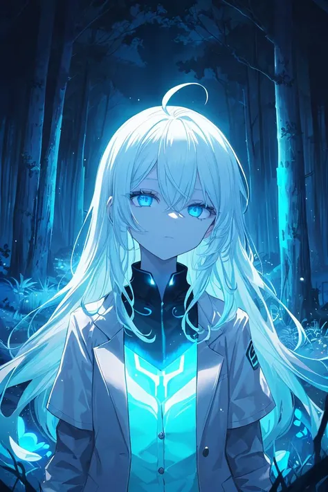 fantasy background, (illustration:1.0), masterpiece, best quality , (((bioluminescent lighting, blue light: 1.5 ,blue lighting: 1.5, blue tint: 1.5))) , detailed face and eyes, 1 girl, glow in the dark eyes, glow in the dark hair: 1.5, detailed background , (wandering in a lush bioluminescent glow in the dark forest), (blue grass, blue leaves), forest, glow in the dark forest: 1.5, (bioluminescent forest: 1.5. bioluminescent environment: 1.5), florescent mushrooms, florescent environment, ((glowing mushrooms, glowing trees, glowing grass, glowing vegetation)), (((bioluminescence: 1.5))), (((glowing particles in the air: 1.5, light particles : 1.5,))), blue butterflies,((night: 1.5)), cowboy shot, very long hair, white hair, ahoge, blue eyes, emotionless, cold attitude, half-closed eyes