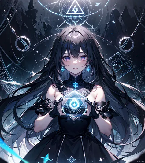 (masterpiece, photorealistic,best quality,8k wallpaper,extremely detailed CG,beautiful detailed eyes,ultra-detailed,intricate details,dynamic angle),1girl,[orange|purple] eyes,black hair,long hair,witch dress,glove,light smile,high contrast,reflection,magical theme,((Divinity,dark atmosphere,celestial,holy arua)),(Kaleidoscope,isometric,sacred geometry art style:1.25),(dark rune circle,pray),<lyco:GoodHands-beta2:1>, <lora:Silicon-landscape-isolation:1>