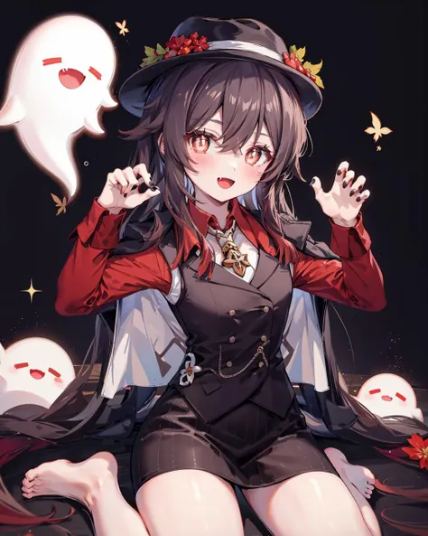 hutaooneplus, 1girl, solo, skirt, red shirt, claw pose, sitting, open mouth, looking at viewer, wariza, vest, barefoot,smile, blush, jacket, fedora, black skirt, fang, simple background, :d, necktie, <lora:HuTaoOneplus:1>,flower-shaped pupils, boo tao \(genshin impact\), ghost