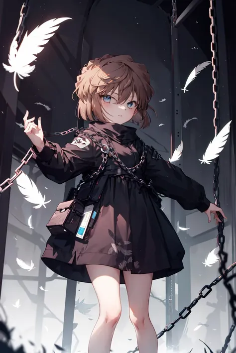 1girl, solo, aihaibara, short hair, brown hair, bangs, hair between eyes, blue eyes, inchains, feathers, chains <lora:inchains_lora:0.8> <lora:haibara-v2:1>