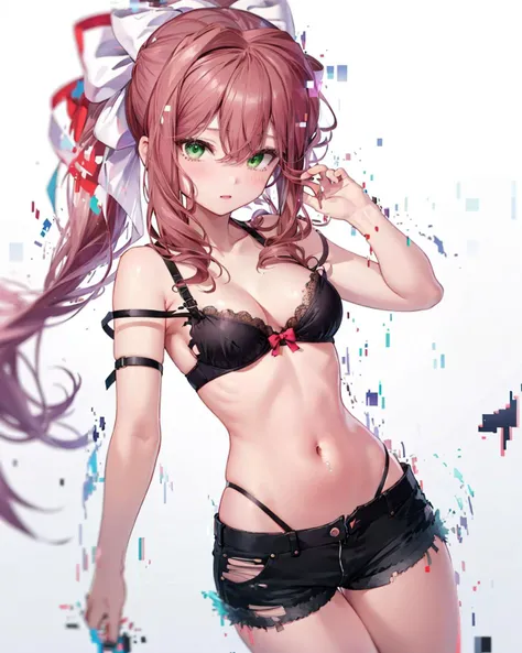 digital dissolve, , 1girl, monika (doki doki literature club), breasts, glitch, long hair, solo, green eyes, brown hair, shorts, ponytail, navel, torn clothes, short shorts, black shorts, bow, ribbon, cleavage, bra, censored, medium breasts, looking at viewer, very long hair, underwear, white ribbon, hair ribbon, bare shoulders, hair bow, collarbone, midriff, sidelocks, black bra, white bow, bangs, hair between eyes, strap slip, stomach, torn shorts,, <lora:DigitalDissolveV3:1>,