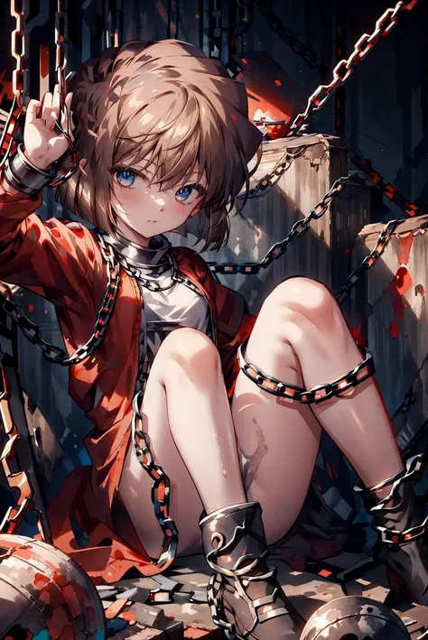 1girl, solo, aihaibara, short hair, brown hair, bangs, hair between eyes, blue eyes, ChainWorld, inchains, chains, chains around body, <lora:inchains_lora:0.8> <lora:ChainWorld:1> <lora:haibara-v2:1>