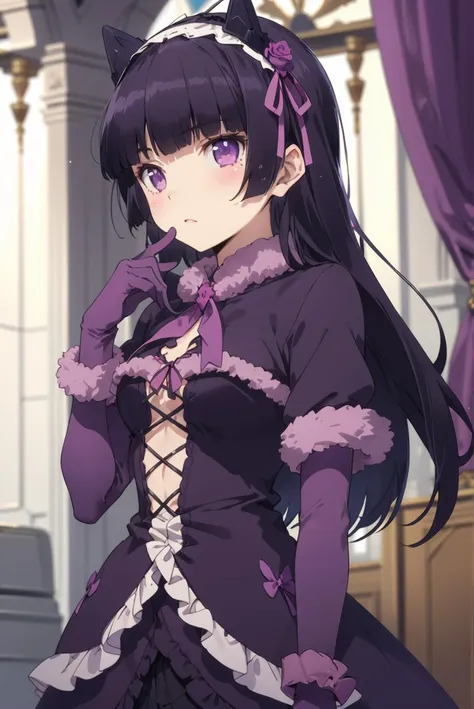 1girl, solo, long hair, purple eyes, black hair, gloves, hairband, purple_gloves, ribbon, fur, lolita_hairband, <lora:Oreimo_gokou ruri:0.5> <lora:Shelia:0.4>