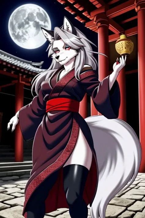 loona, kimono, black topwear, red bottomwear, temple, amakuchi, wolf