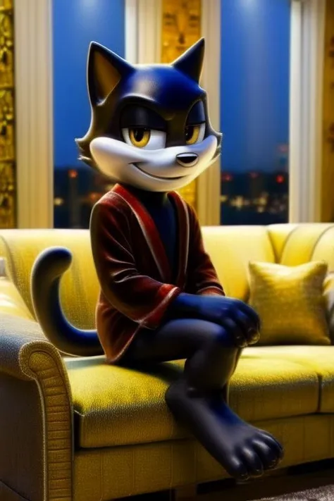 male, solo, felix the cat, domestic cat, black cat, black nose, tail, black fur, (black body:1.2), cheek tuft, yellow eyes, skinny, (short stack:1.4), chibi, smile, smirk, masterpiece, extreme detail, sitting, couch, penthouse apartment, inside, window, fancy, velvet robe, robe only, feetpaws, smirk, night, best quality, 4k, hand behind back, monotone body, candelabra, wine bottle, romantic