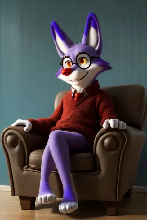 male, solo, XingoBenAliCartoonYif, mature male, purple fur, red eyes, yellow eyes, eye bags, tired, Red nose, white gloves, red sweater, v-neck, dress shirt, necktie, tiny glasses, dad, short stack, bottomless, null, light purple countershading, fluffy tail, ear markings, fur markings, extreme detail, masterpiece, nervous smile, armchair, sitting, dangling legs, short, tiny, living room, painted background, artificial light, home sweet home