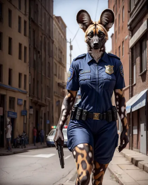 anthro, african wild dog, solo, female, adult, police uniform, realistic fur, detailed background, street background, realistic, photorealistic, ultra realistic, 8k,