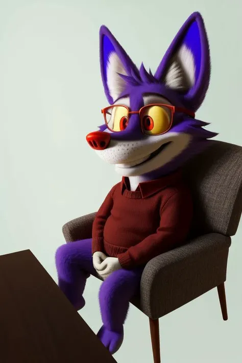male, solo, XingoBenAliCartoonYif, mature male, purple fur, red eyes, yellow sclera, eye bags, tired, Red nose, white gloves, red shirt, sweater, v-neck, dress shirt, necktie, glasses, dad, short stack, bottomless, null, light purple countershading, fluffy tail, ear markings, fur markings, extreme detail, masterpiece, nervous smile, armchair, sitting, dangling legs, short, tiny, living room, painted background