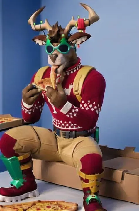 <lora:Fortnite_Dolph-000090:0.7>, best quality, Fortnite_Dolph, Novelty Glasses, Christmas Sweater, Belt, Christmas Stocking, Christmas Lights, Candycane, Pistol Holster, Christmas Ball Ornament, Khaki Pants, Shin Guards, Boots, Widow's Promise, Sword, (((eating a piece of pizza)))