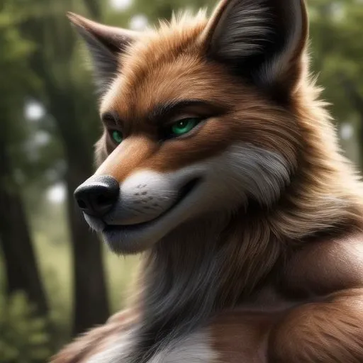 portrait, closeup, anthro, orange fox, (realistic fur, detailed fur texture:1.3), detailed eyes, green eyes, muscles, adult, hyper muscles, hairy, body hair, detailed face, (smug smirk), detailed background, forest background,  ultradetailed, (masterpierce:1.4), 8k, HDR, Masterpiece, Realistic, best ultra quality, perfect intricate details, RAW Photo, detailed cinematic lighting, detailed background, ray tracing, rtx, cgi,