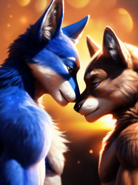 2 handsome male ((anthro)) blue foxes, (detailed eyes:1.5), (detailed faces:1.4), (athletic:1.2), ((realistic fur:1.5)), on jupitor, alien landscape, gas giant, detailed background, (backlight:1.1), true love, looking at each other, serene, photorealistic, hyperrealistic, ultradetailed, professional photography, hdr, dslr, 3d, bokeh, lifelike, masterpiece