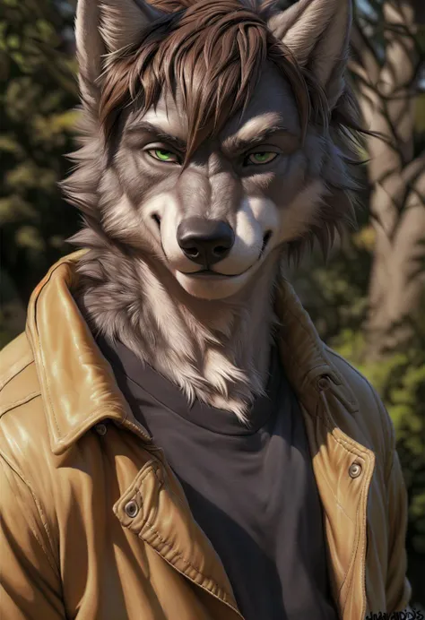 anthro (wolf), male, adult, (friendlyjordies:1.7), portrait, (realistic fur, detailed fur texture:1.2), detailed background, photorealistic, hyperrealistic, ultradetailed, looking at viewer, <lora:fluffyrock-quality-tags-v2.1.1-vpred:1>, (best quality, high quality:1.4), jacket, shirt, (Jordan Shanks-Markovina:1.4), australia, short hair, male model, green eyes, brown hair, athletic, jaw,