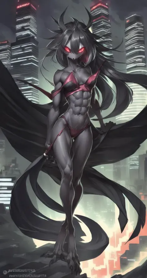 (by cutesexyrobutts, by thebigslick, by pochincoff,) <lora:TheGoetia:1>, solo, octaviagoetia, female, slim, abs, small breasts, looking at viewer, night, detailed background, detailed fur, city, detailed background, long hair, black hair, claws, robe, black clothing, red eyes, glowing eyes, arms up, avian feet,