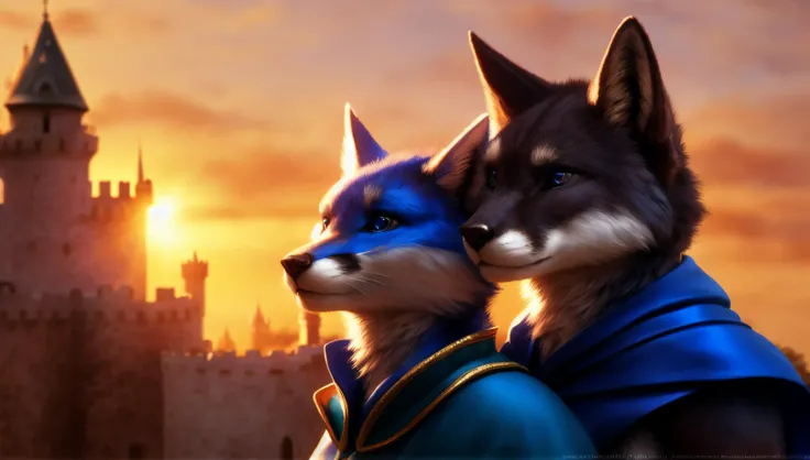 2 handsome male ((anthro)) blue foxes, (detailed eyes:1.5), (detailed faces:1.4), (athletic:1.2), ((realistic fur:1.4)), wearing only cape, on windswept castle wall, extra terrestrial planet, alien landscape, detailed background, (backlight:1.1), true love, serene, photorealistic, hyperrealistic, ultradetailed, professional photography, hdr, dslr, 3d, bokeh, lifelike, masterpiece