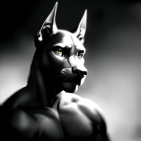 anthro (Dobermann),(((male))), Simple background, solo, serious, ((tan body)), ((tan fur)), yellow eyes, boxer outfit, Muscle, Full Shot, Time of the 20's, (Art style by juanjo garrido), (b&w, Monochromatic, Film Photography:1.2), Photorealistic, Hyperrealistic, Hyperdetailed, film noir, soft lighting, realistic, heavy shadow, masterpiece, best quality, ultra realistic, High Detail, film photography, soft focus