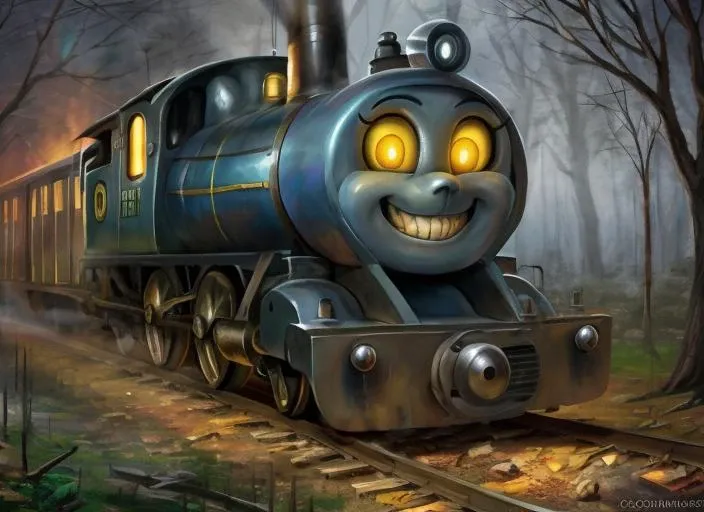 Creepy Thomas The Tank Engine.  looking at viewer, where is your god now, what has science done, glowing eyes, hypnotic eyes, creepy smile, creepypasta, scary, living machine, living train, train, by clockhands, by leonid afremov