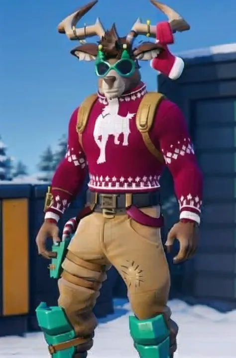 <lora:Fortnite_Dolph_V2:0.7>, best quality, Fortnite_Dolph, Novelty Glasses, Christmas Sweater, Belt, Christmas Stocking, Christmas Lights, Candycane, Pistol Holster, Christmas Ball Ornament, Khaki Pants, Shin Guards, Boots, Widow's Promise, Sword, (((renting a video at blockbuster)))