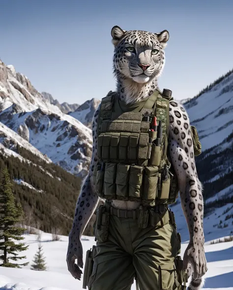 anthro, snow leopard, solo, female, adult, bulletproof vest, military pants, realistic scales, detailed background, wilderness background, realistic, photorealistic, ultra realistic, 8k,
