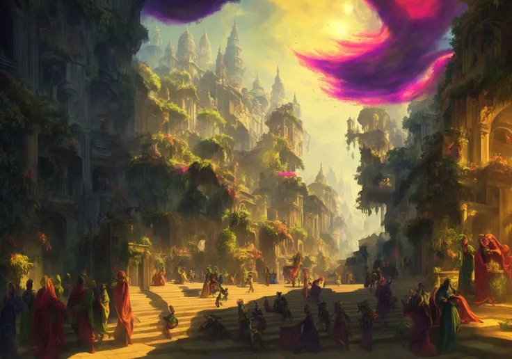 "Step into the vibrant realm of The Empire, a place teeming with life and energy. The atmosphere is alive with vibrant colors, from the (lush green:1.3) foliage to the (radiant golden:1.2) sunlight that bathes the surroundings. The cityscape is bustling with activity, with towering buildings adorned with intricate architecture and bustling marketplaces filled with lively merchants. However, beneath the surface of this lively facade, something dark lurks. Shadows dance in the corners, hinting at a hidden mystery. The people of The Empire are unaware of the lurking darkness, going about their daily lives with blissful ignorance. This scene captures the stark contrast between the vibrant surface and the hidden secrets that lie just below, waiting to be discovered."