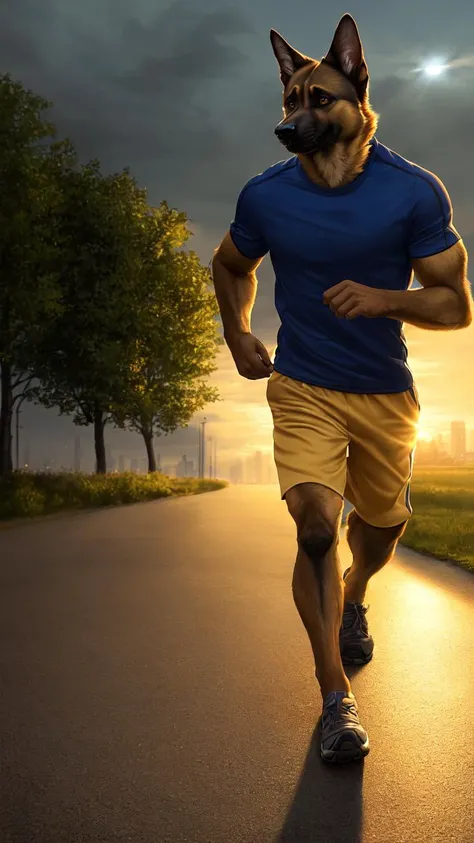 anthro Belgian Malinois, adult, solo, jogging, fit body, looking at viewer, realistic fur, pubic hair, veiny muscles, (((cinematic lighting, outside background))), photorealistic, detailed fur, golden hour, presenting, tail, grin