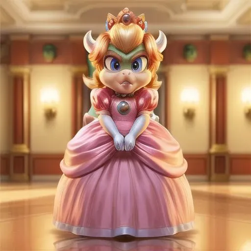 masterpiece, best quality, detailed, soft dim lighting, <lora:add_detail:1.0> add_detail,
<lora:PrincessPeach, Pink Dress, WeddingDress, Jumpsuit:0.7> PrincessPeach, crown, Pink Dress, gloves, full body shot,
<lora:Bowser:1.0> Bowser,