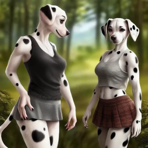 anthro (dalmatian), (detailed fluffy fur, detailed fur texture:1.2), 1 female, adult, smile, mini skirt, tank top, revealing, claws, (white fur, realistic fur, detailed fur texture:1.2), detailed background, wilderness background, photorealistic, hyper realistic, ultra detailed,