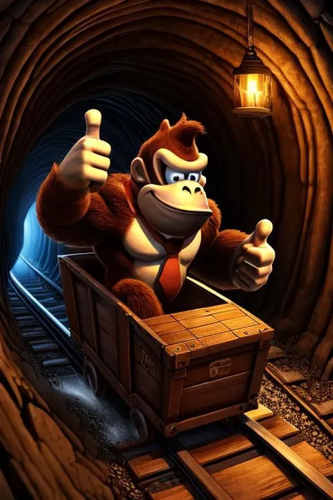 masterpiece, best quality, 1boy, no humans, dkong, necktie,1boy, monkey, brown fur, gorilla, furry, driving in box-shaped minecar, driving through a narrow dark underground tunnel in a dungeon,rusty, iron,box-shaped minecar,in box,railroad tracks,speed lines,dark background,floating hair,wind, thumbs up, smile