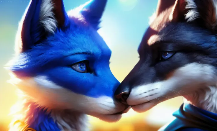 2 handsome male ((anthro)) blue foxes, (detailed eyes:1.5), (detailed faces:1.4), (athletic:1.3), ((realistic fur:1.3)), wearing only cape, on windswept castle wall, extra terrestrial planet, detailed background, (backlight:1.3), true love, serene, photorealistic, hyperrealistic, ultradetailed, professional photography, hdr, dslr, 3d, bokeh, lifelike, masterpiece