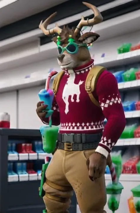 <lora:Fortnite_Dolph_V2:0.7>, best quality, Fortnite_Dolph, Novelty Glasses, Christmas Sweater, Belt, Christmas Stocking, Christmas Lights, Candycane, Pistol Holster, Christmas Ball Ornament, Khaki Pants, Shin Guards, Boots, Widow's Promise, Sword, (((drinking a slushie in a convenience store)))