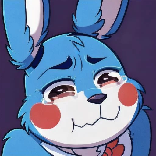 crying blue fur red cheeks Toy bonnie masterpiece, highres, best quality, ultra-detailed, perfect lighting, <lora:merrytail_aqua_crying_meme_v02-05:0.8> tearing up wavy mouth puffy cheeks sad