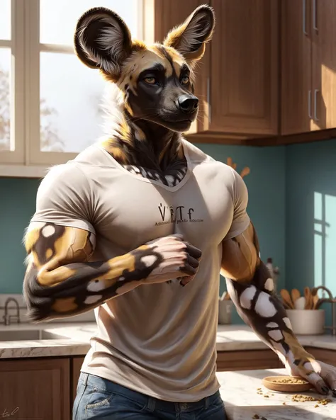 anthro, african wild dog, solo, male, flexing, leaning on elbow, adult, veiny muscles, muscular,naked, penis, realistic fur, detailed background, kitchen background, realistic, photorealistic, ultra realistic, 8k,