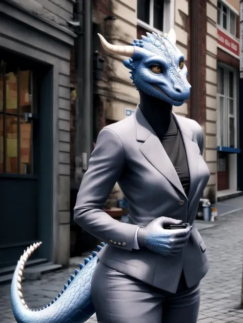anthro dragon, solo, female, adult, tailor suit, (realistic scales, detailed scales texture:1.2), detailed background, street background, photorealistic, hyperrealistic, ultradetailed, professional photography, hdr, dslr, 3d, lifelike